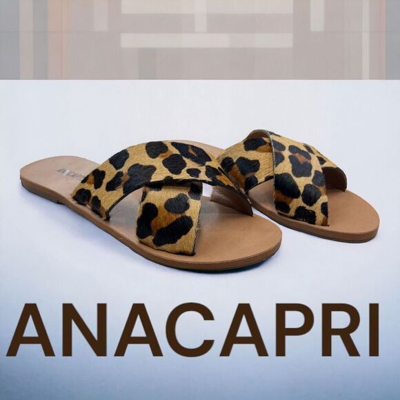 Anacapri Women's Animal Print Cross Strap Flat Sandal Brown & Black Size 6.5 - Picture 2 of 5